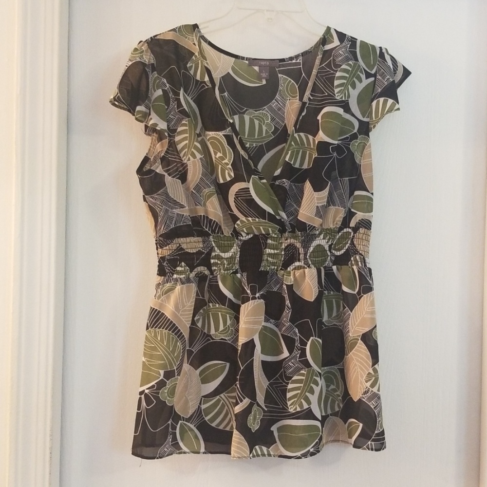 Green, tan, black, sheer blouse. Large.